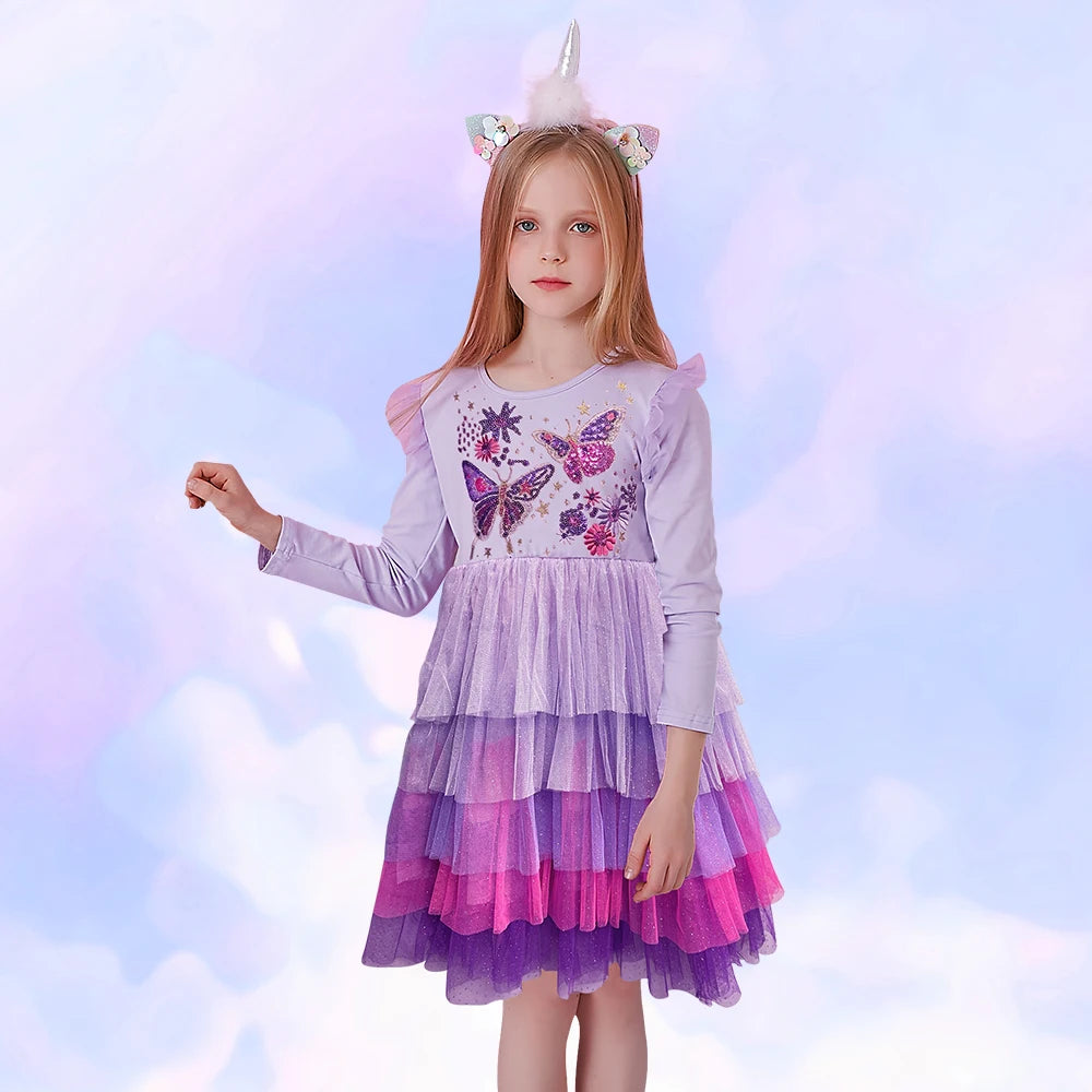 VIKITA Winter Princess Dress Flying Sleeve Children Birthday Party Costumes Cake Layer Tutu Kids Dress Butterfly Sequin  Clothes