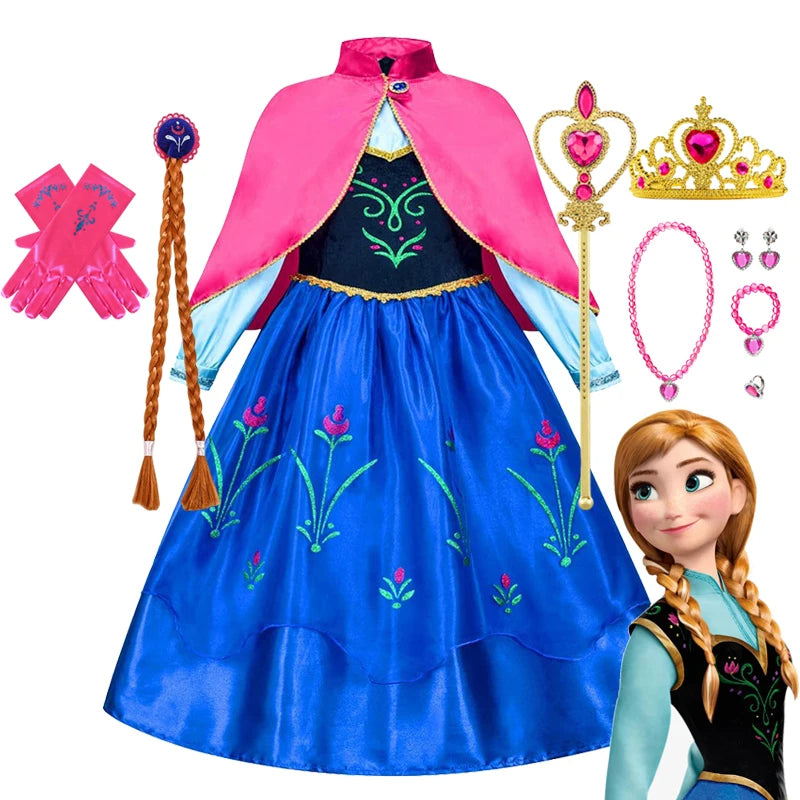 Frozen Anna Princess Girl Dress Halloween Cosplay 2025 Disney Party Costume Snow Queen Princess Clothes Children Outfit 2-10 Y