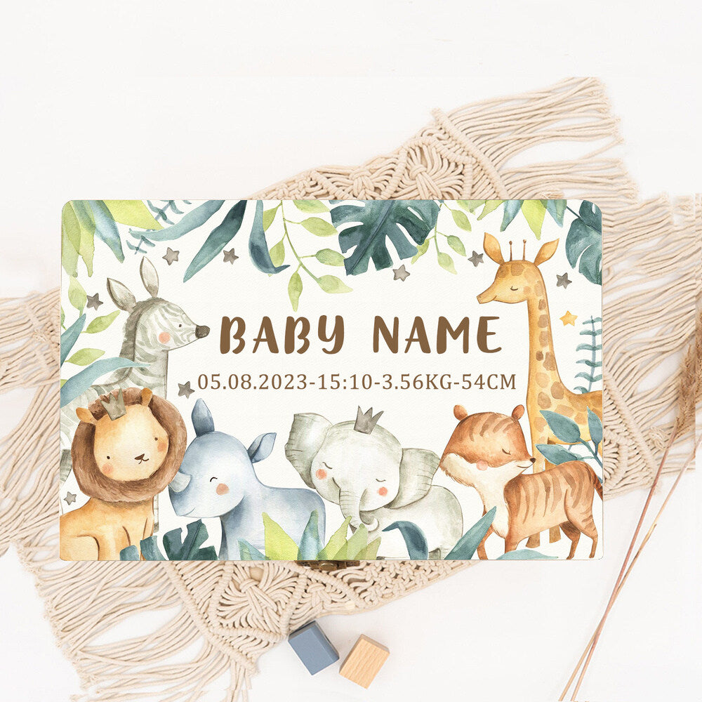 Personalized Baby Memory Box Custom Forest Animal Wooden Box Newborn Shower Gift Infant Birth Stats Present Baby Storage Box