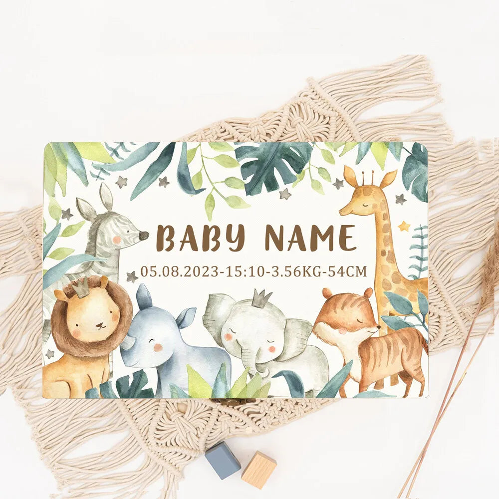Personalized Baby Memory Box Custom Forest Animal Wooden Box Newborn Shower Gift Infant Birth Stats Present Baby Storage Box