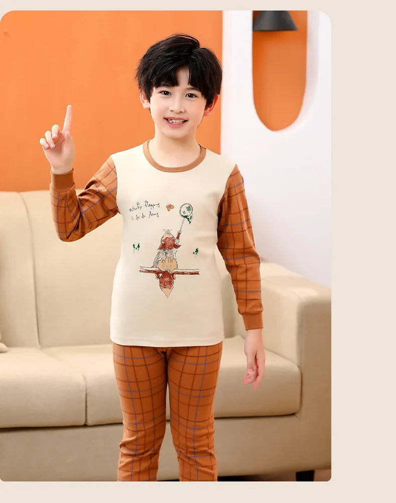 Children's Autumn Clothes and Pants Pure Cotton Set for Boys and Girls Warm Underwear Cartoon Pattern Children's Pajamas Set