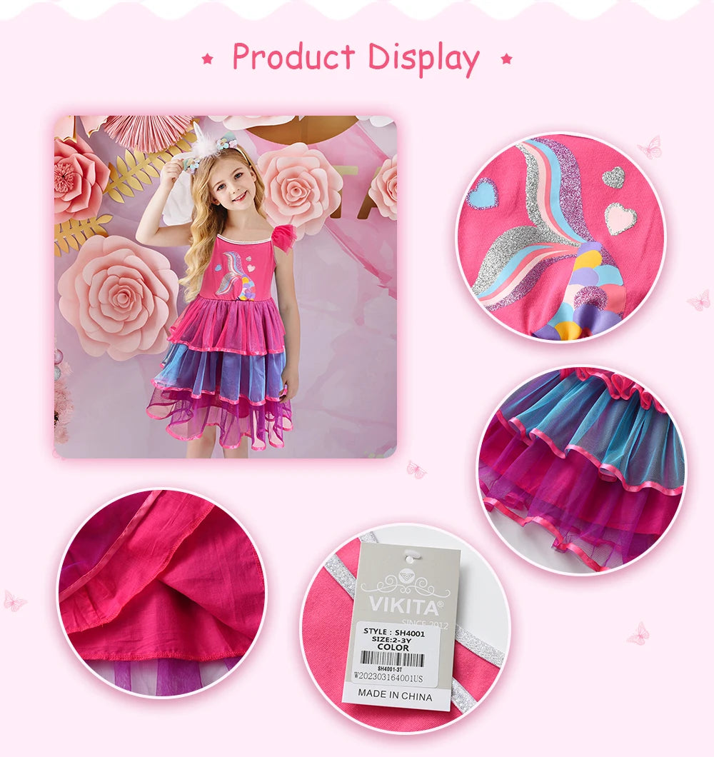 VIKITA Sommerkleider 2023 für Mädchen: Neues Meerjungfrauenkleid für Mädchen, Paillettenkleid für Kindergeburtstage, Cartoon-Mädchenkleidung