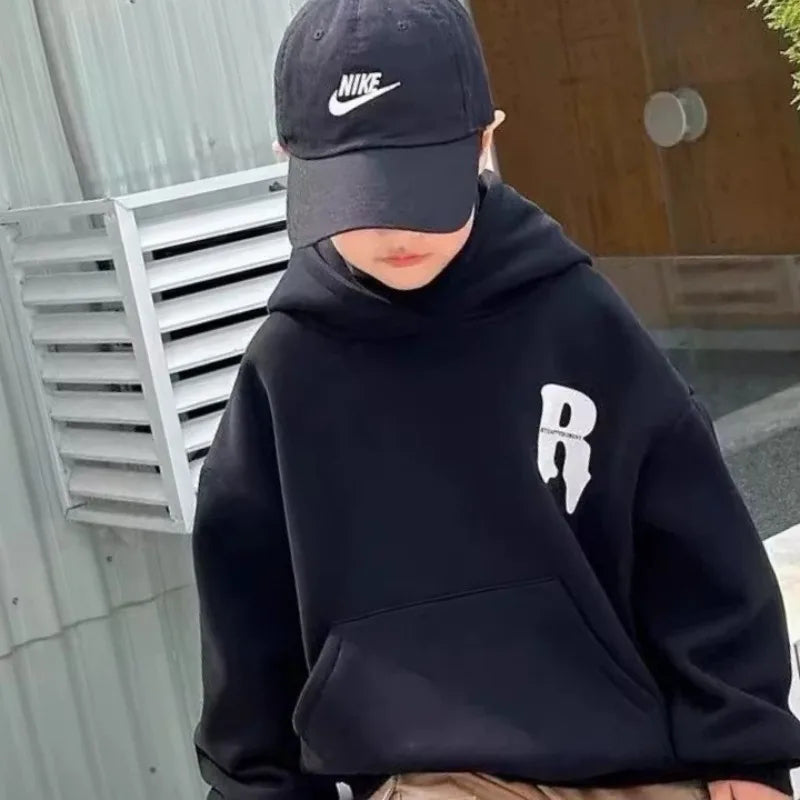 2025 New Boys' Mid-Large Maillard Fleece-Lined Hooded Hoodie - Stylish Autumn Winter Spring Kids' Top