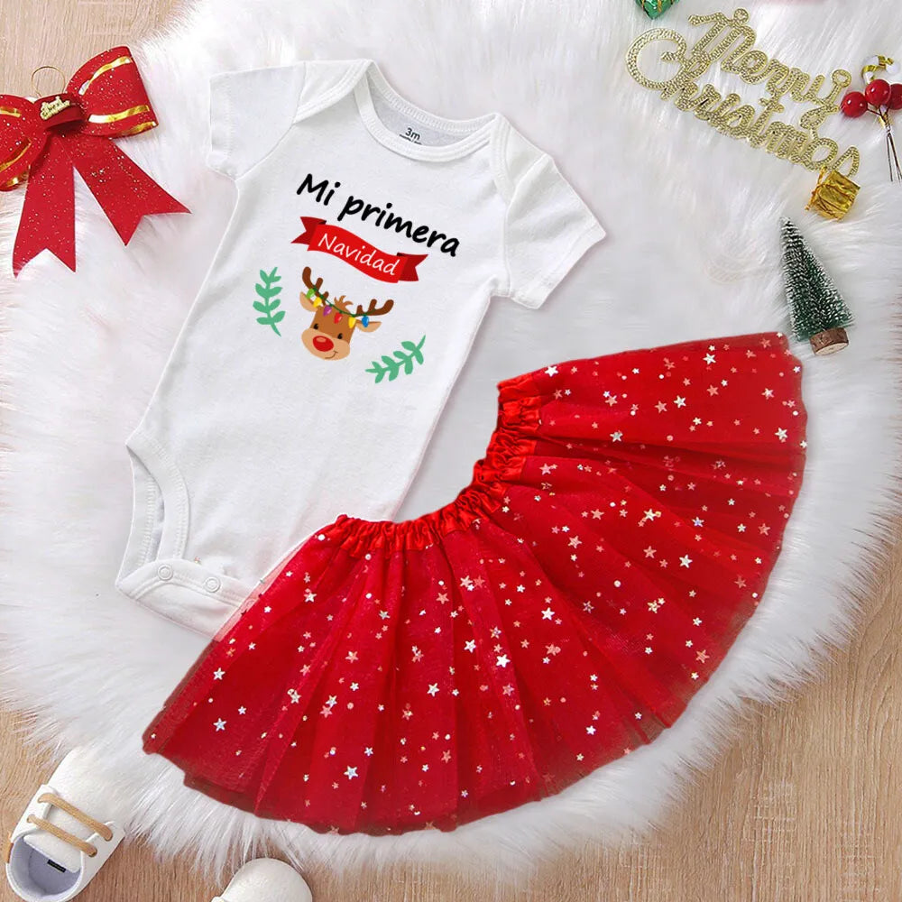 Mi 1ra Navidad Baby Tutu Skirt Set Christmas Little Deer Pattern Infant Dress Newborn Bodysuit+Cake Skirts Xmas Baby Clothes