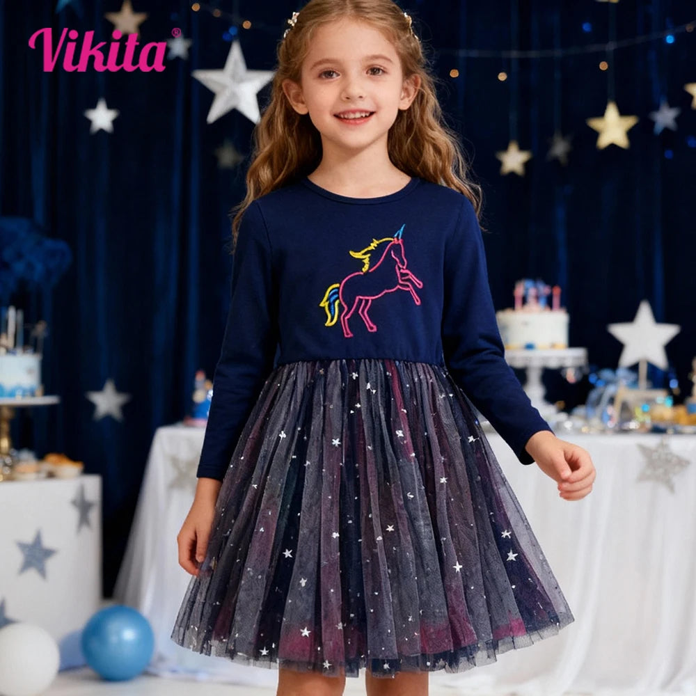 VIKITA Girls Navy Blue Long Sleeve Licorne Embroidery Autumn Spring Fashion Dress Kids Galaxy Starry Tulle Mesh Princess Dress