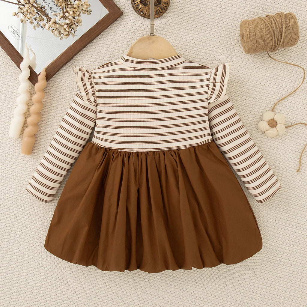 Spring And Autumn New Brown Striped Long Sleeved Baby Girl Dress, Cute Cloud Children'S Clothing For Babies Aged 6-24 Months