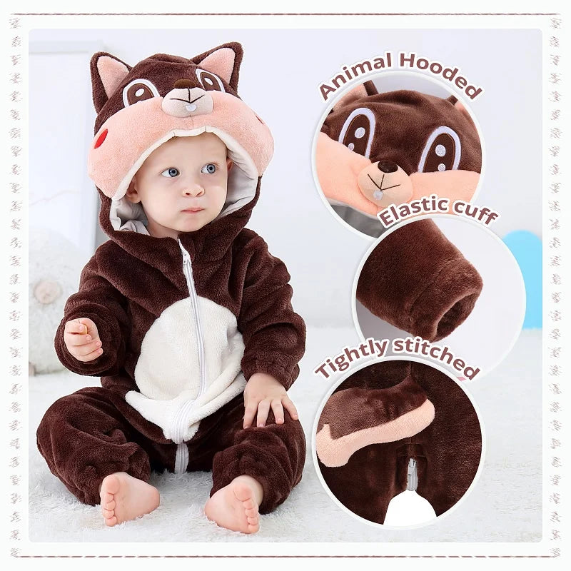MICHLEY Halloween Costume Infant Baby Clothes Rompers Winter Flannel Hooded Bodysuits Pajamas Animals Overall Jumpsuit For Bebe