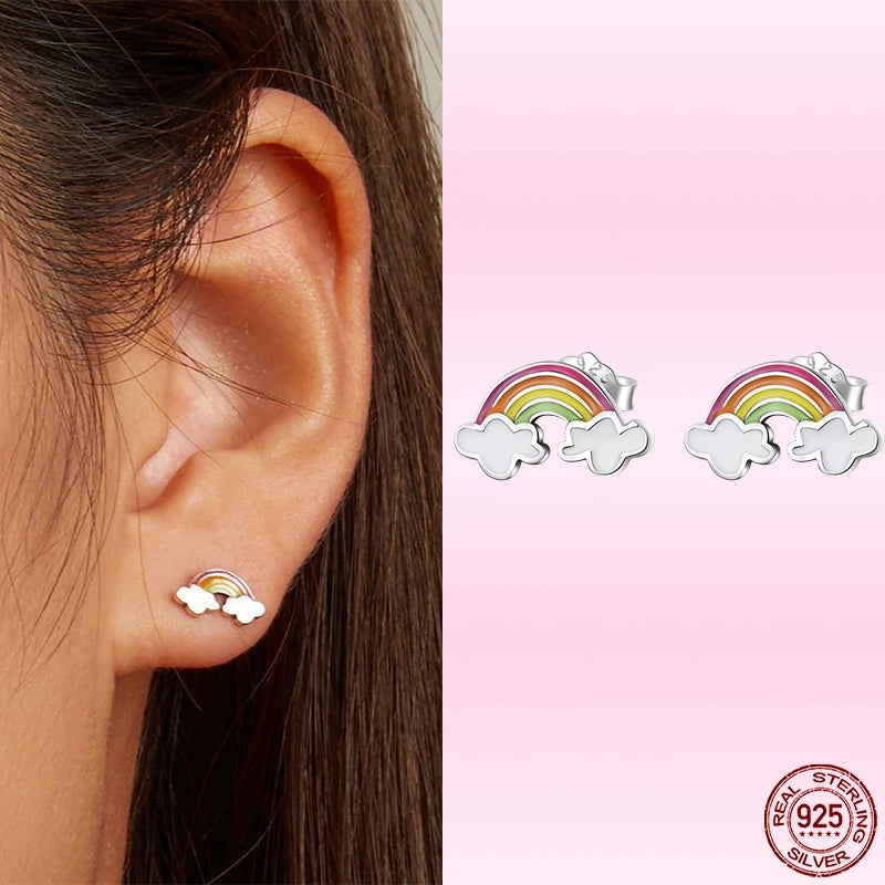Bamoer 925 Sterling Silver Luxury Girl Earrings Rainbow Butterfy Cute Fancy Funny Ear Stud Original for Women Party Fine Jewelry