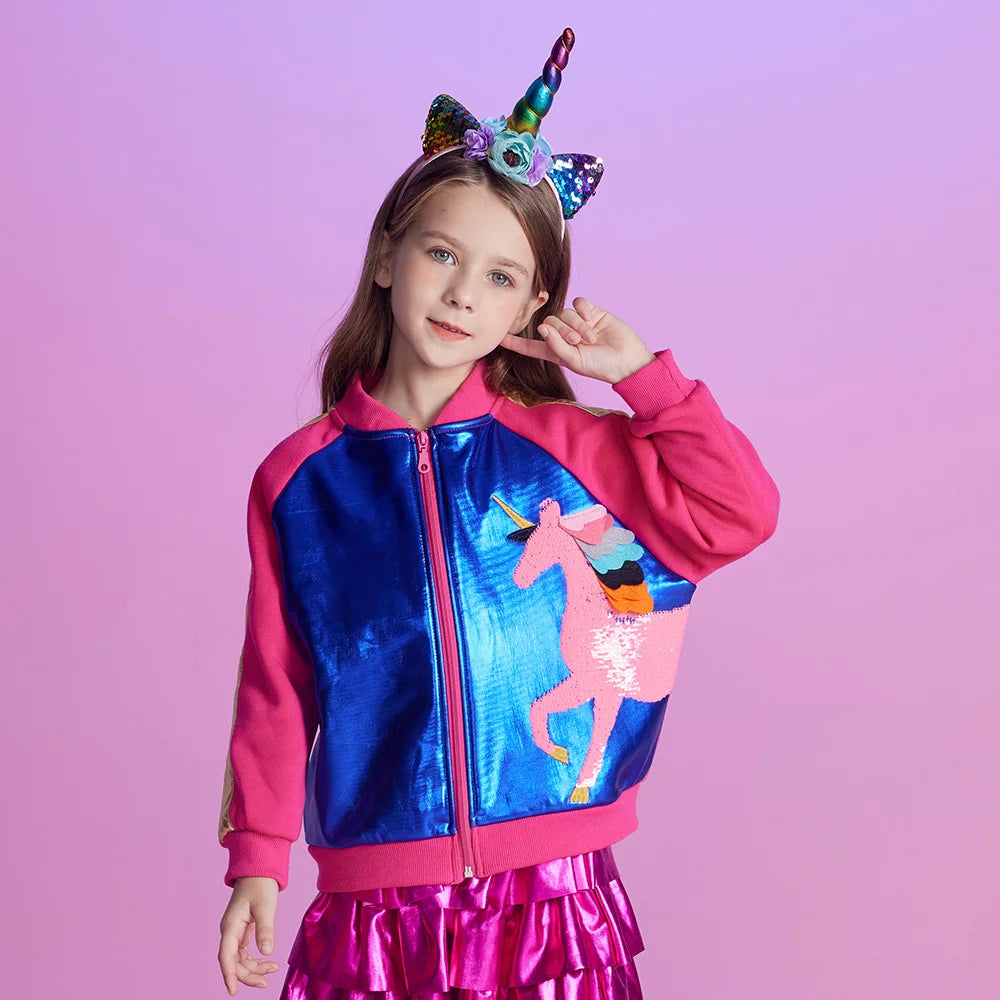 VIKITA Kids Autumn Spring Jacket Coat Girls Unicorn Cartoon Sequined Appliqued Jacket Teenage Girls Casual Sports Outerwear Coat