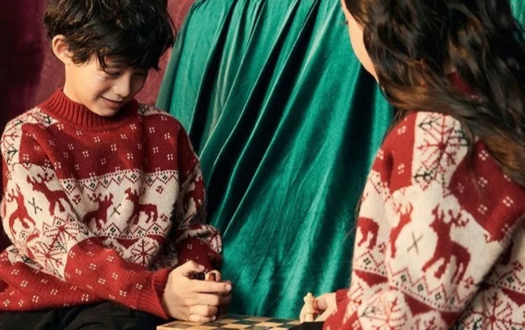 Kids' Christmas Thickened Fleece-Lined Pullover Sweater - Korean Style Warm Baby Boy & Girl Red Holiday Knitwear for Toddler