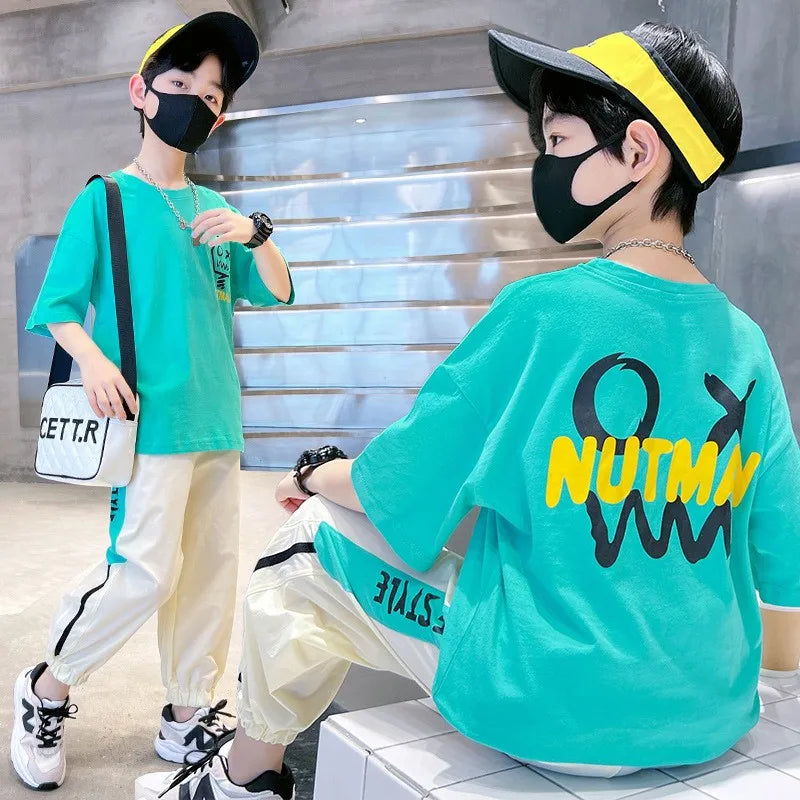4-12 Years Teen Summer Boys Clothing Sets Fashion Letter Short Sleeve T-shirt Pants 2Pcs Suit For Kids Children Casual Outfits
