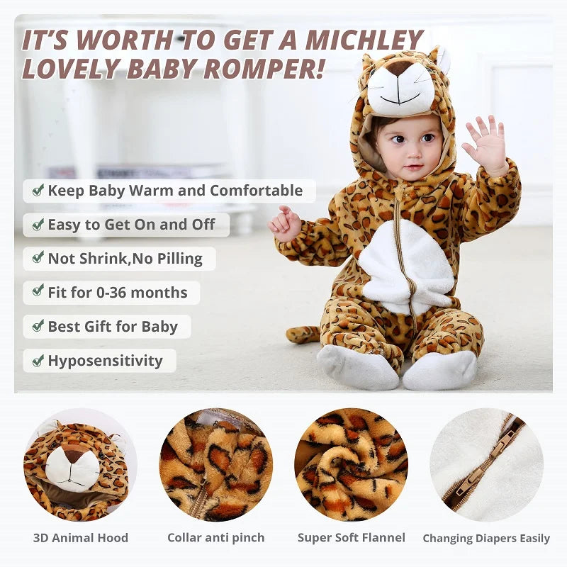 MICHLEY Halloween Costume Infant Baby Clothes Rompers Winter Flannel Hooded Bodysuits Pajamas Animals Overall Jumpsuit For Bebe