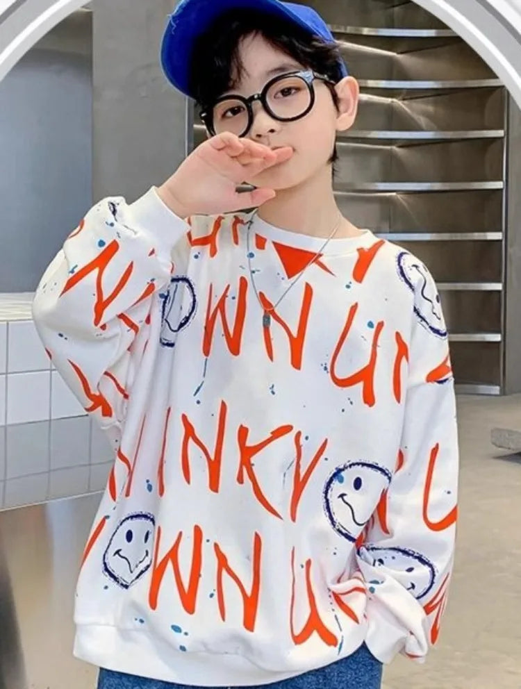 Boys' Medium-Large 2025 New Spring/Autumn No Hood Sassy Street-Style Long Sleeve Layering Top Sweatshirt