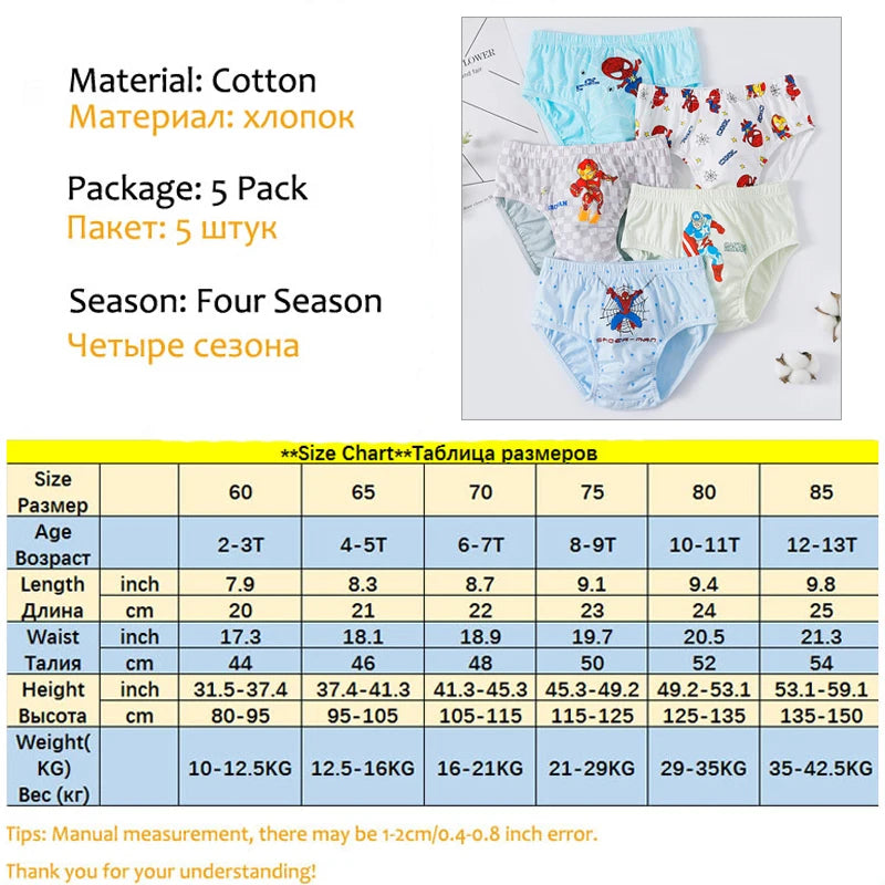 5/10Pieces Packs Pure Cotton Boys Underwear Spider-Man Boys Briefs Cartoon Children Underwear Breathable Kids Triangle Knickers