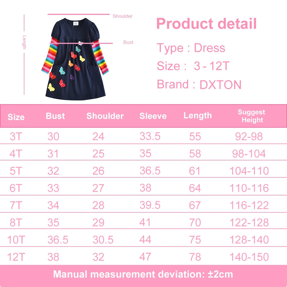 DXTON Winter Toddler Girl Clothes Rainbow Long Sleeve Girls Dresses Butterfly Cotton Children Casual Dress for Kids 2-12 Years