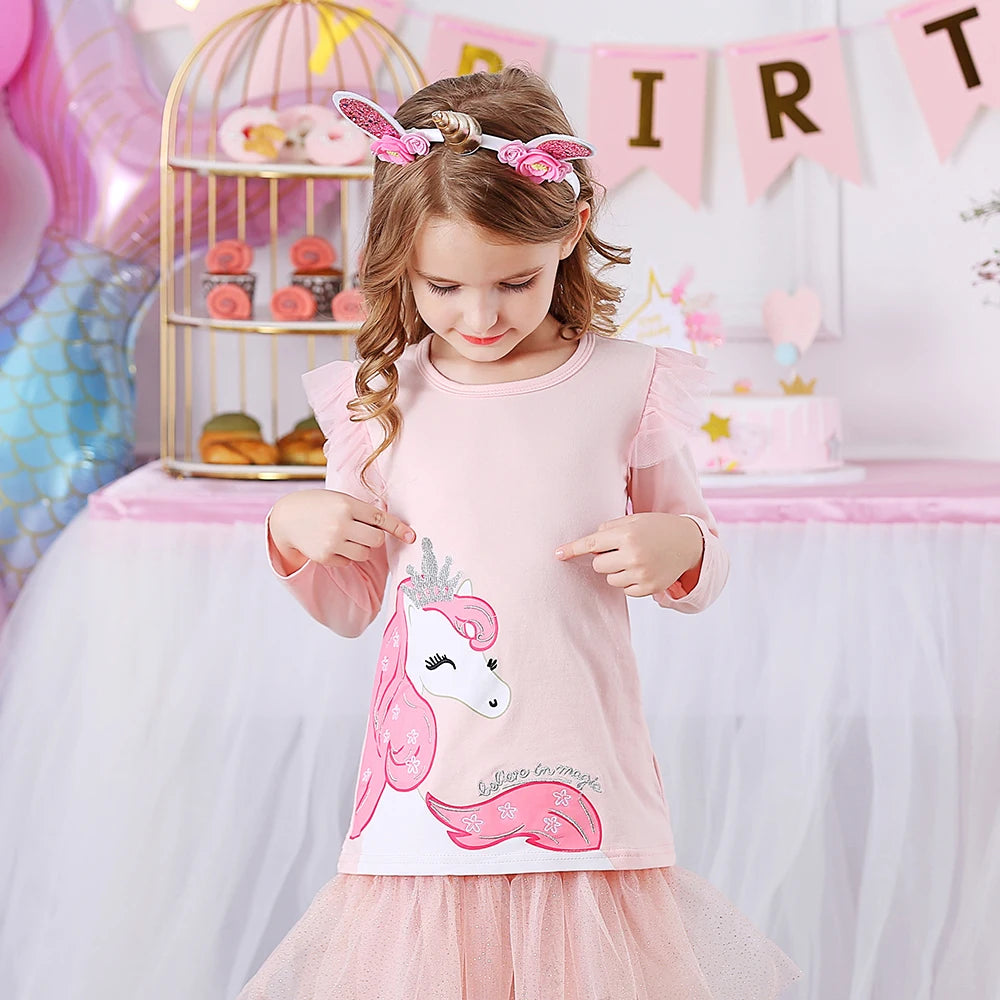 DXTON Spring Girls Long Sleeve T-shirts Children Cartoon Unicorn Girls Tops Toddlers Cotton Tees Solid Pink T shirts Outfits