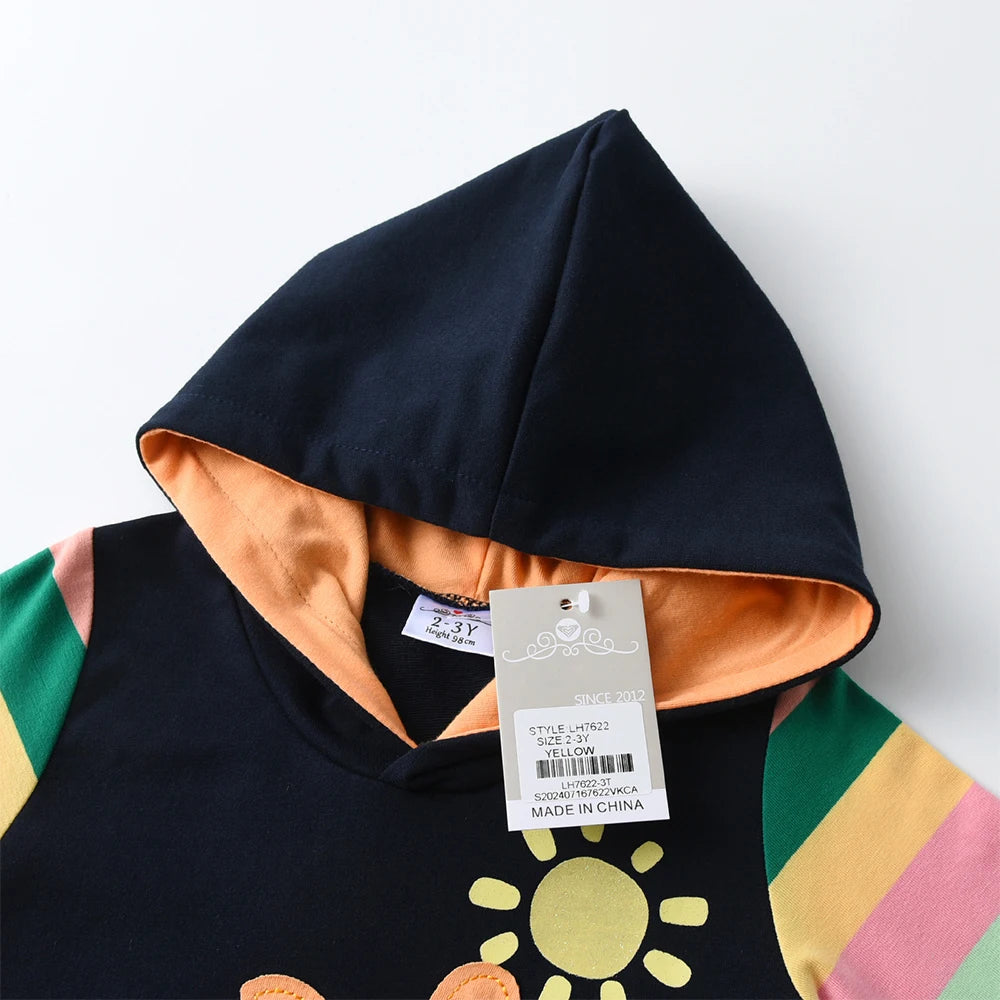 DXTON Girls Sporty Hooded Dress Rainbow Striped Children Dress Floral Giraffe Applique Animal  Winter Baby Toddler Casual Dress