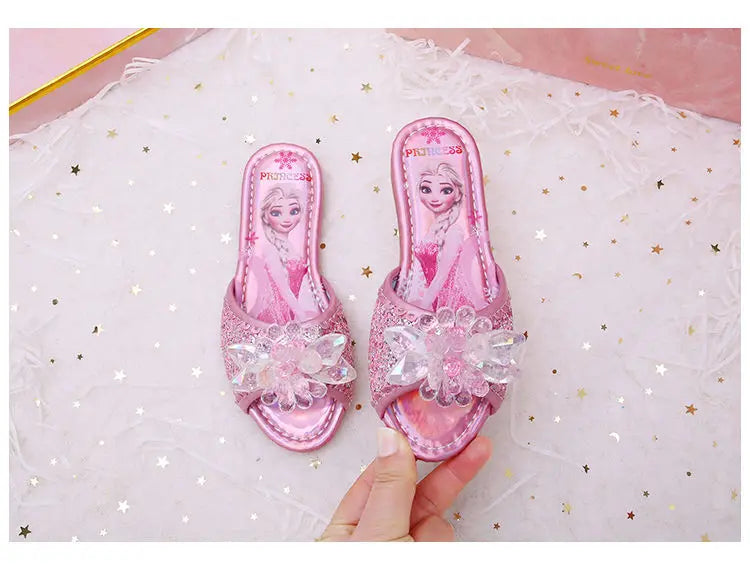 Disney Children's Sandals Frozen Slippers Fashion Elsa Princess Shoes Crystal Flowers Non-slip Blue Pink Silver Girls' Sandals