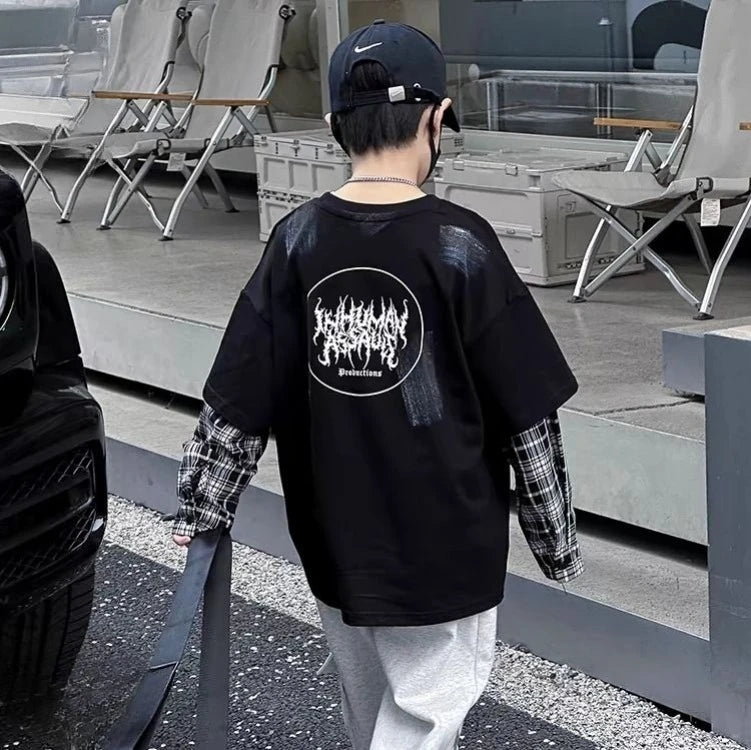 Fake Two Pieces Children's Clothing From 8 To 12 Years Boys Long Sleeve Tee Boys' T-shirt Graphic Shirts T-shirts Tees Boy Child