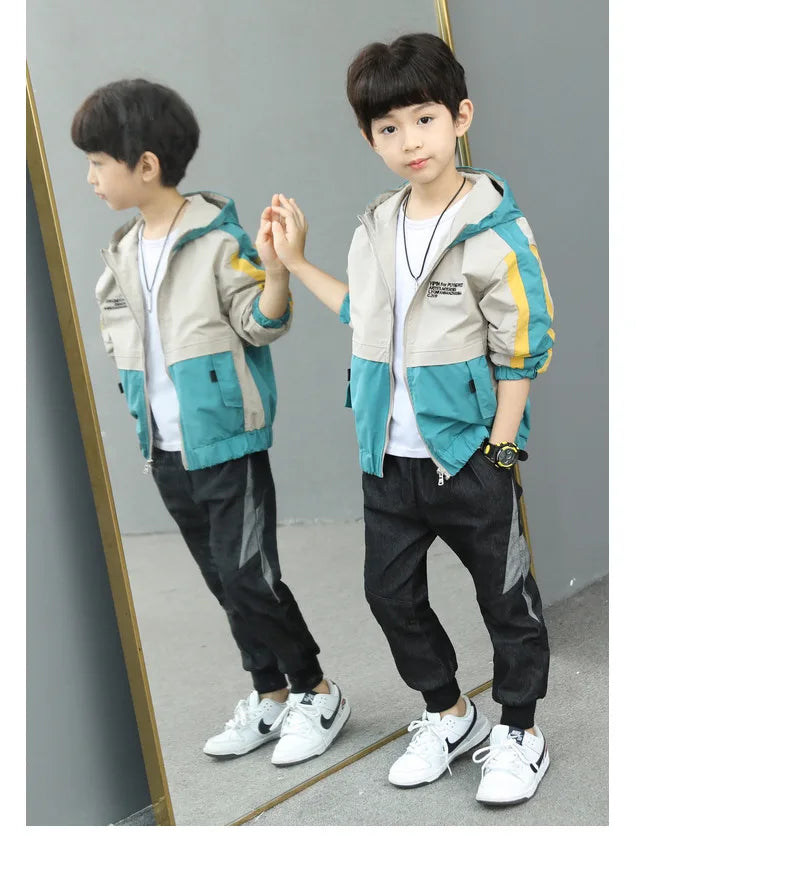 New Handsome Teenager Boys Hoodies Fashion Splicing Style Coat For Kids 3-12 Years Children Windbreaker Jacket