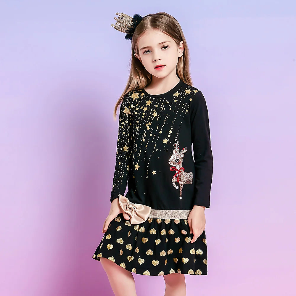 VIKITA Girls Christmas Dress Kids Golden Stars Reindeer Sequined Appliqued Festival New Year Holiday Party Bow Knot Gift Dresses