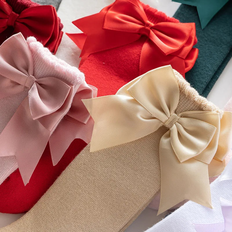 1 Pair Spanish Style Girls Socks Solid Color Big Bow 100% Cotton Baby Children Toddlers Long Socks Princess Knee High Socks