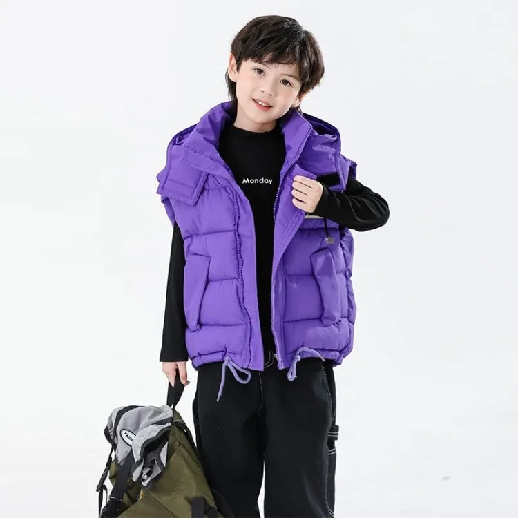 2025 Kids Puffy Windproof Quilted Sleeveless Jacket Korean Style Oversized Cargo Vest for Toddler Boys Thermal Insulated Outdoor