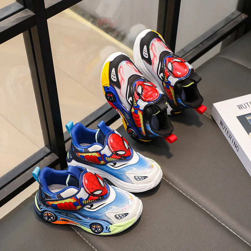 Disney Children's Shoes Fashion Cartoon LED Lights Spiderman Sneakers for Boys Breathable Sport  Anti-slip Student Shoes Size 26