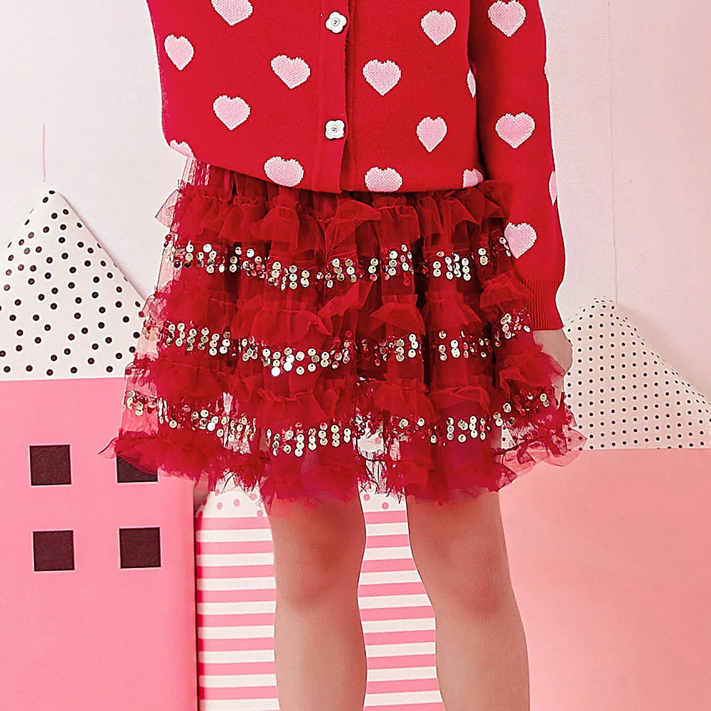 VIKITA Kids New Year Christmas Festival Red Sequined Skirts Girls Layered Mesh Tulle Tutu Cake Princess Mini Skirts Kids Clothes