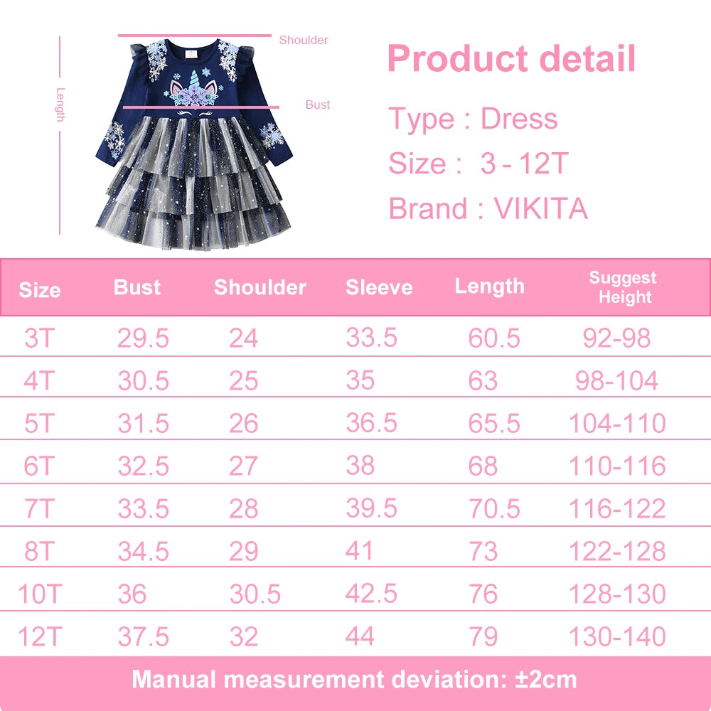 VIKITA 2024 Christmas Princess Dress Snowflake Printed Kids Dresses For Girls Cartoon Children Dresses New Year Party Vestidos