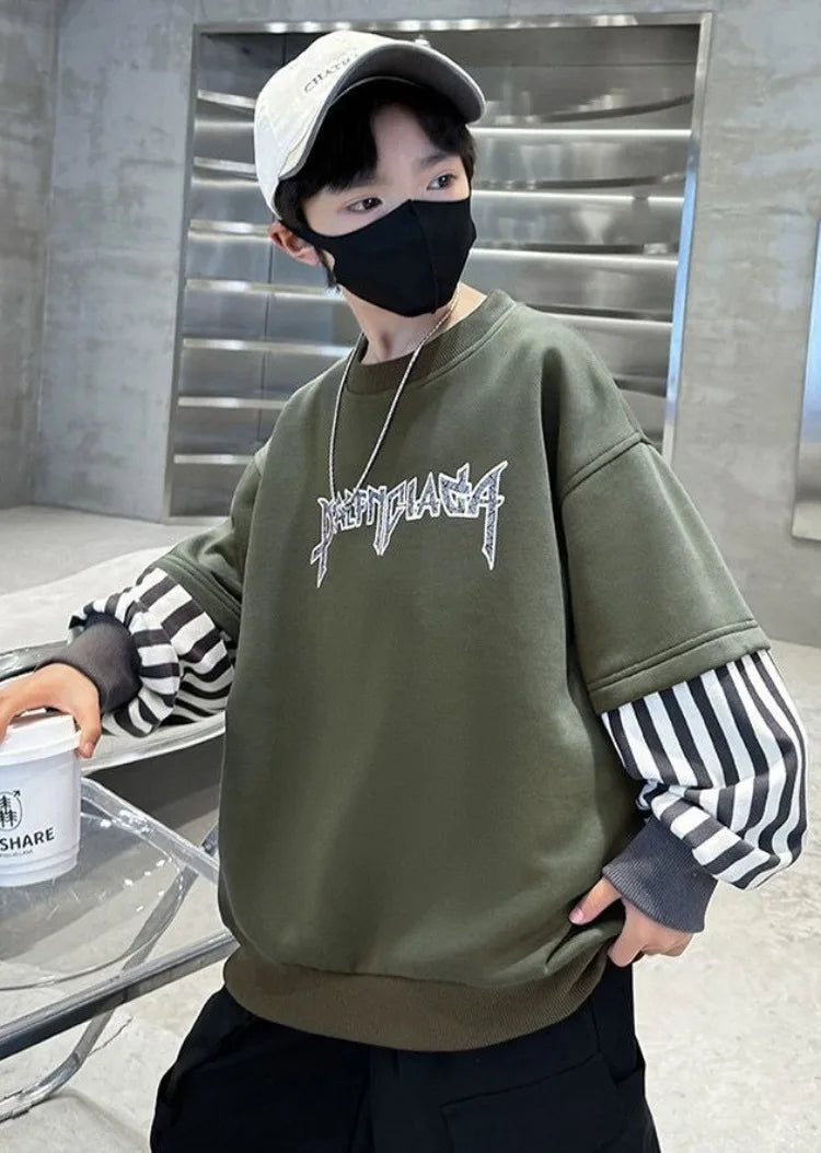 Boys' Medium-Large 2025 New Arrival No Hood Long Sleeve Fake Two-Piece Loose Fit Stylish Sweatshirt for Spring