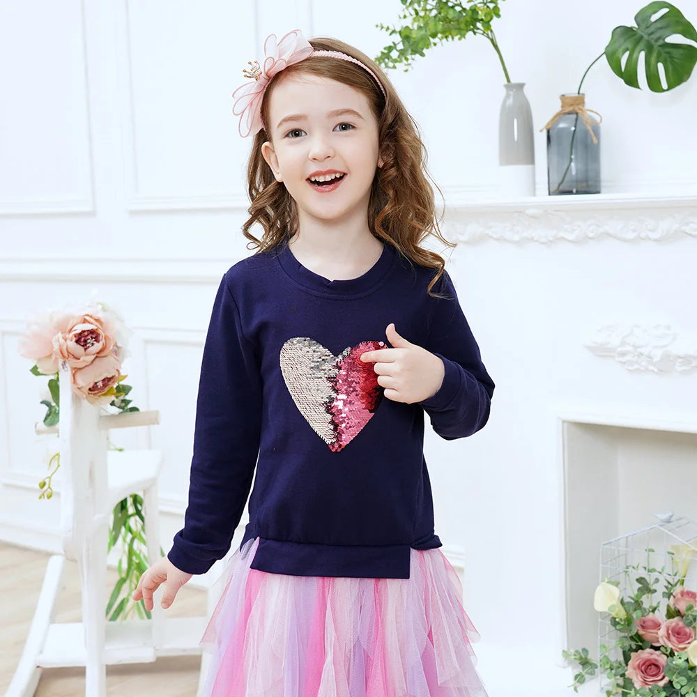 VIKITA Girls Heart Sequined Dress Kids Sweatshirt Dresses Children Long Sleeve Autumn Winter Birthday Party Princess Costumes