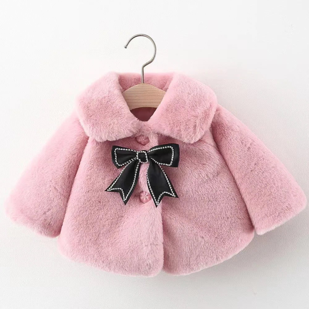 Winter New Sweet Black Bow Baby Girl Coat, Simple Style Thickened Warm Children'S Clothing (9 Months -3 Years Old)