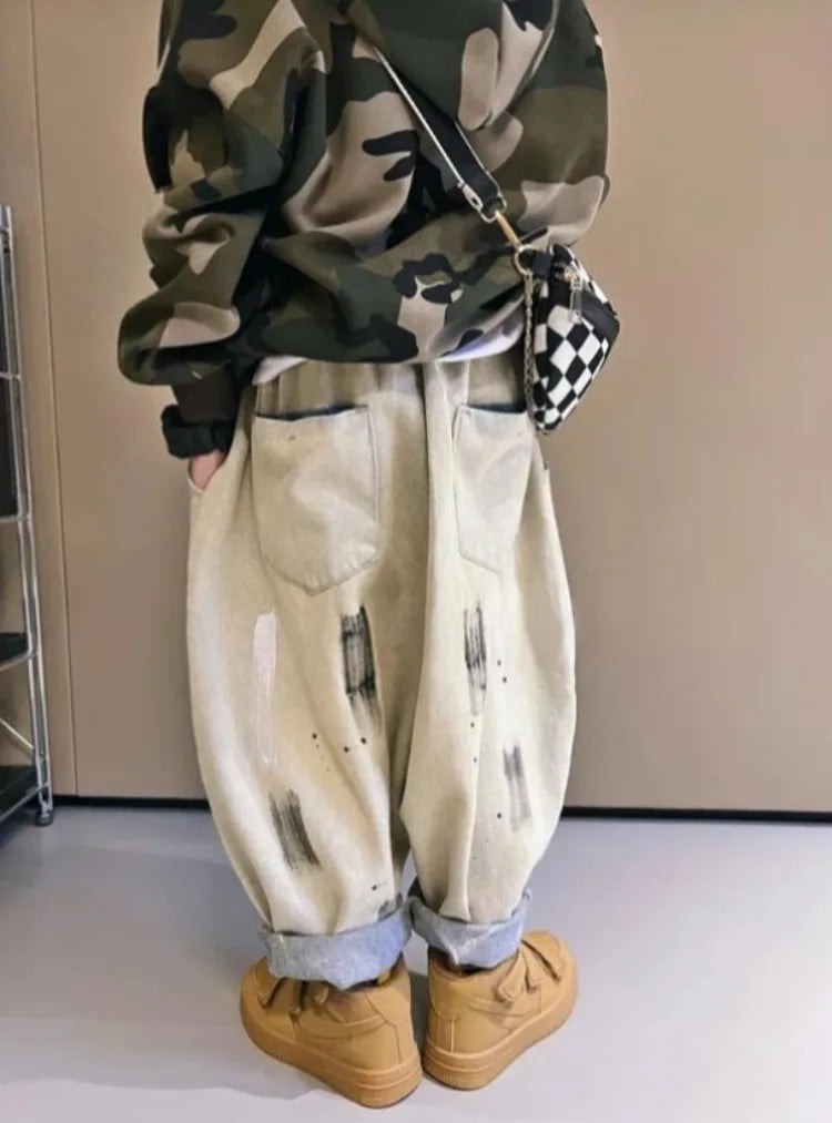 2025 Spring/Autumn Boys' Hip-Hop Long Pants, Kids' Size 12-14 Versatile Graffiti Casual Streetwear Trousers