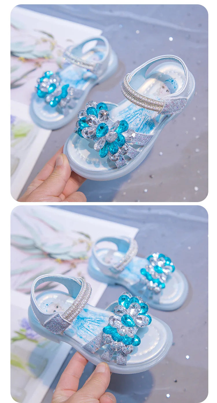 Kids' Sandals Elsa Princess Frozen PU Leather Crystal Summer Flat Shoes For Girls Breathable Anti-slip Blue Pink Size 23-33