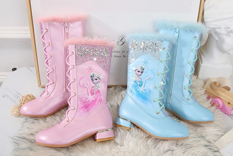 Disney Girls' Leather Boots Winter Cartoon Frozen Boots Side Zipper High Plush Princess Elsa Boots Warm Children's Boots Size 27
