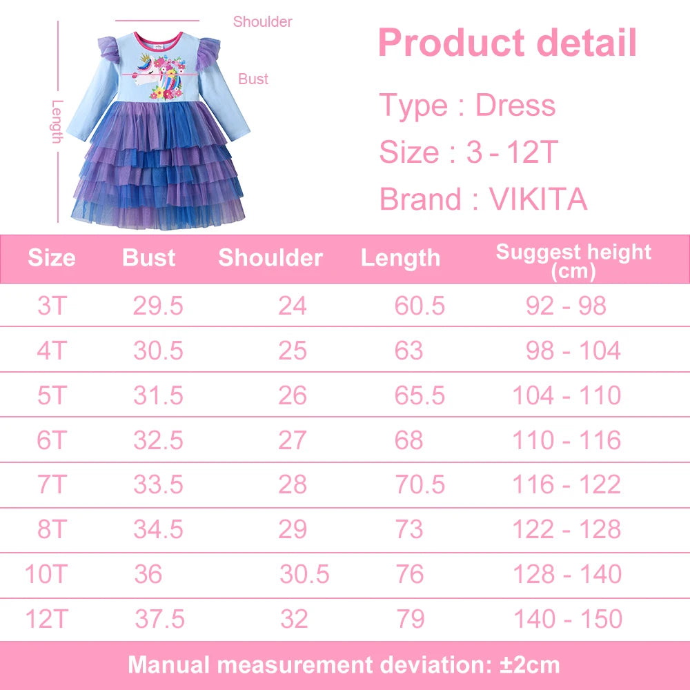 VIKITA Children Clothing Kids Licorne Flower Print Dress Kids Performance Birthday Party Prom Gown Girls Princess Tutu Dresses