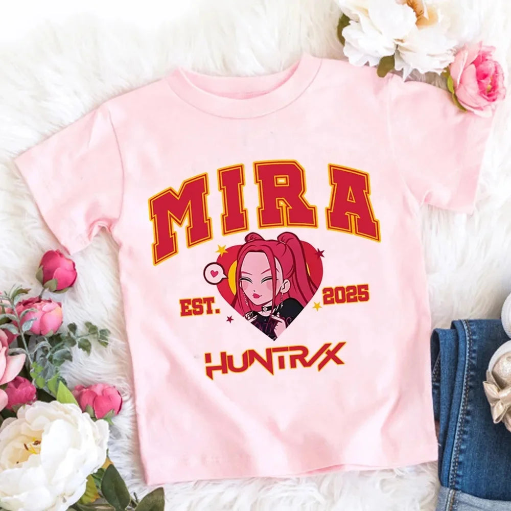 2025 New KPop Demon Hunters Child Short Sleeve T-shirt Anime Character Print Tees Boys Girls Summer Casual Tops Birthday Gift