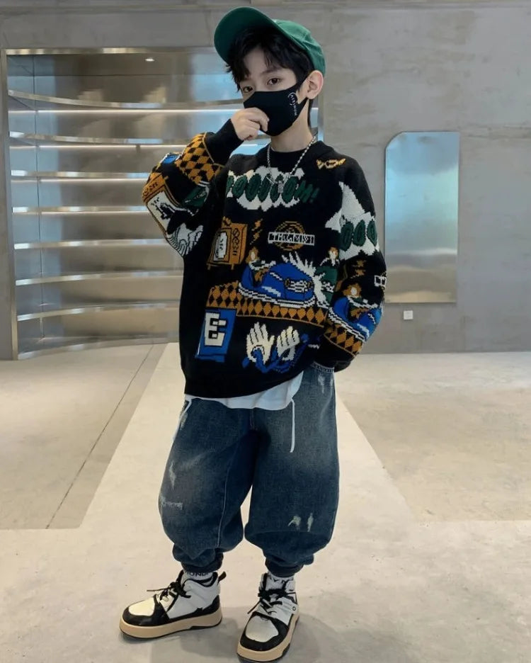 2025 New Boys' Autumn/Winter Fleece-Lined Thickened Pullover Knit Sweater - Warm Base Layer for Kids, Trendy & Cozy Design
