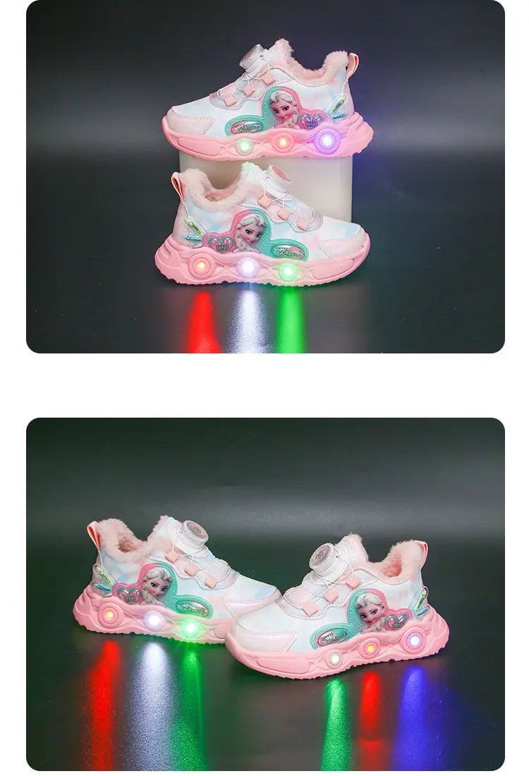 Disney LED Casual Sneakers Pink Purple For Summer Girls Frozen Elsa Princess Print Outdoor Shoes Children Lighted Non-slip Shoes