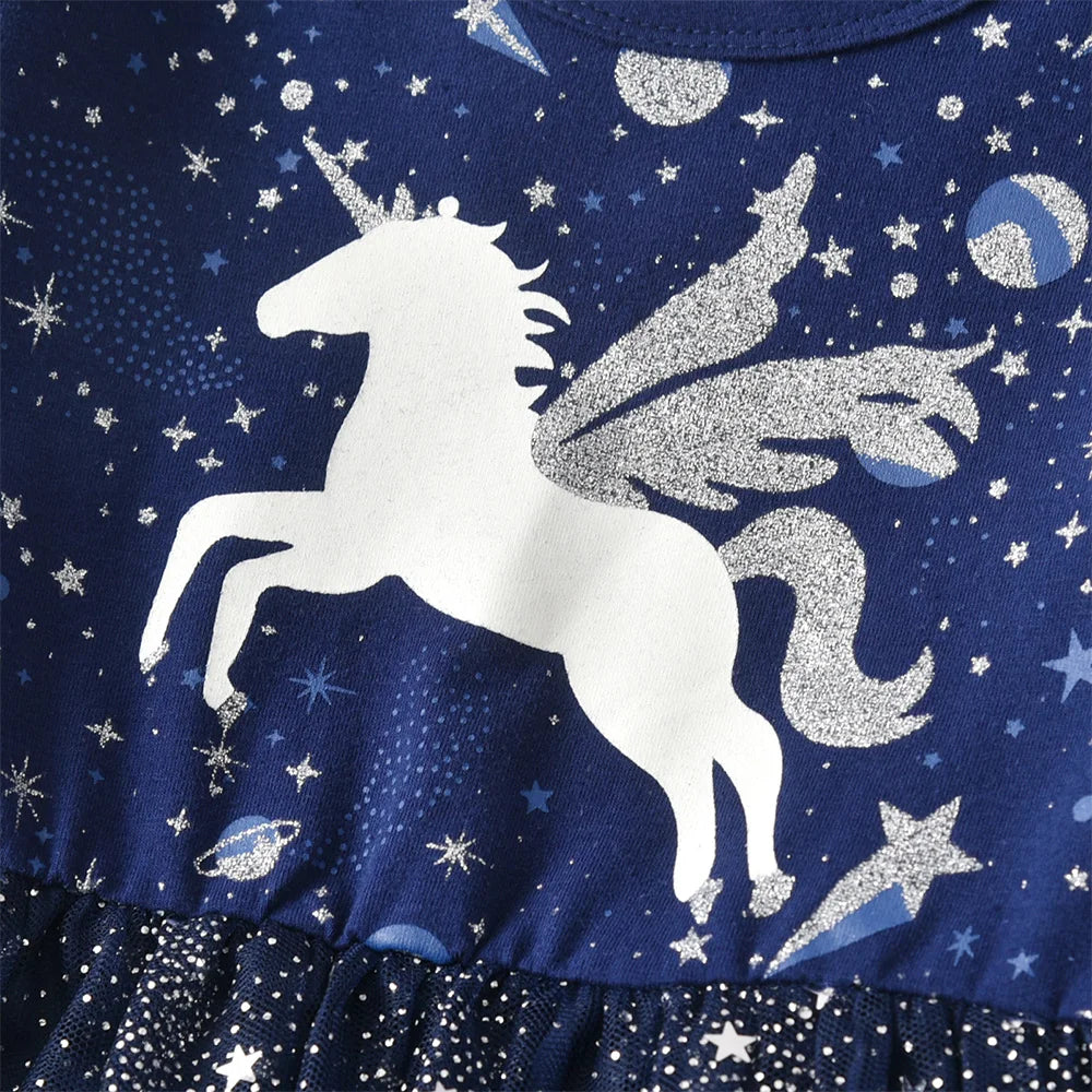 Girls Navy Blue Starry Glitter Elegant Tutu Dress Toddlers Kids Silver Unicorn Ruffled Shoulders Fantasy Party Princess Vestidos