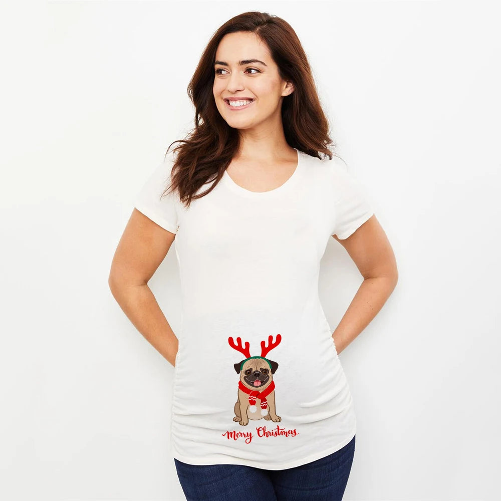 Merry Christmas Cartoon Print Maternity T-shirt Xmas Casual Pregnant Women Reindeer Graphic T Shirt Pregnancy Announcement Tees