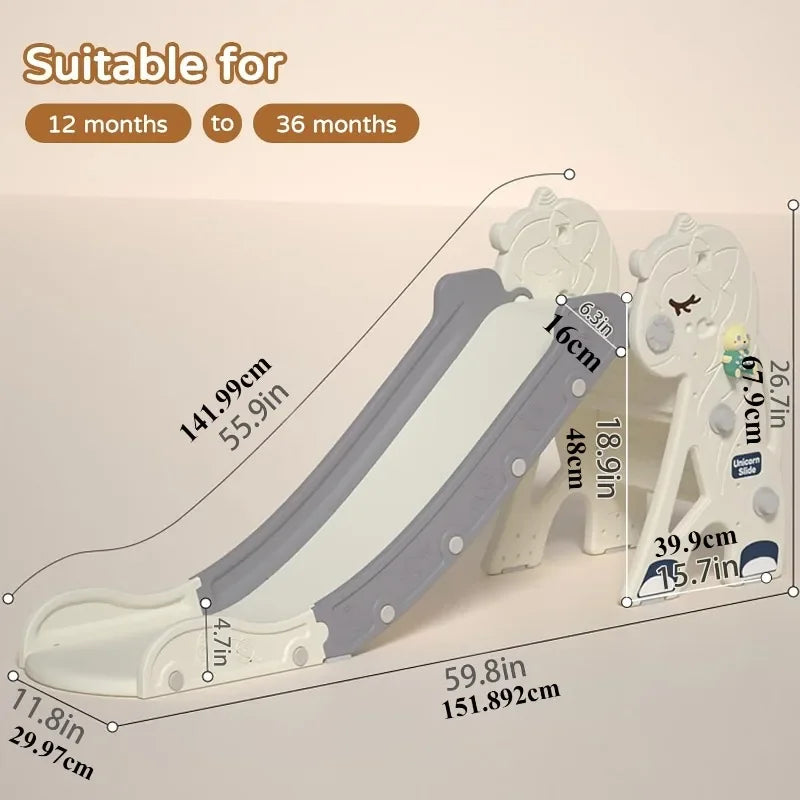 Unicorn Kids Folding Slide Outdoor Playground Climber Playset with Music Closed Pedal Basketball Hoop & Ring Game for Boys Girls