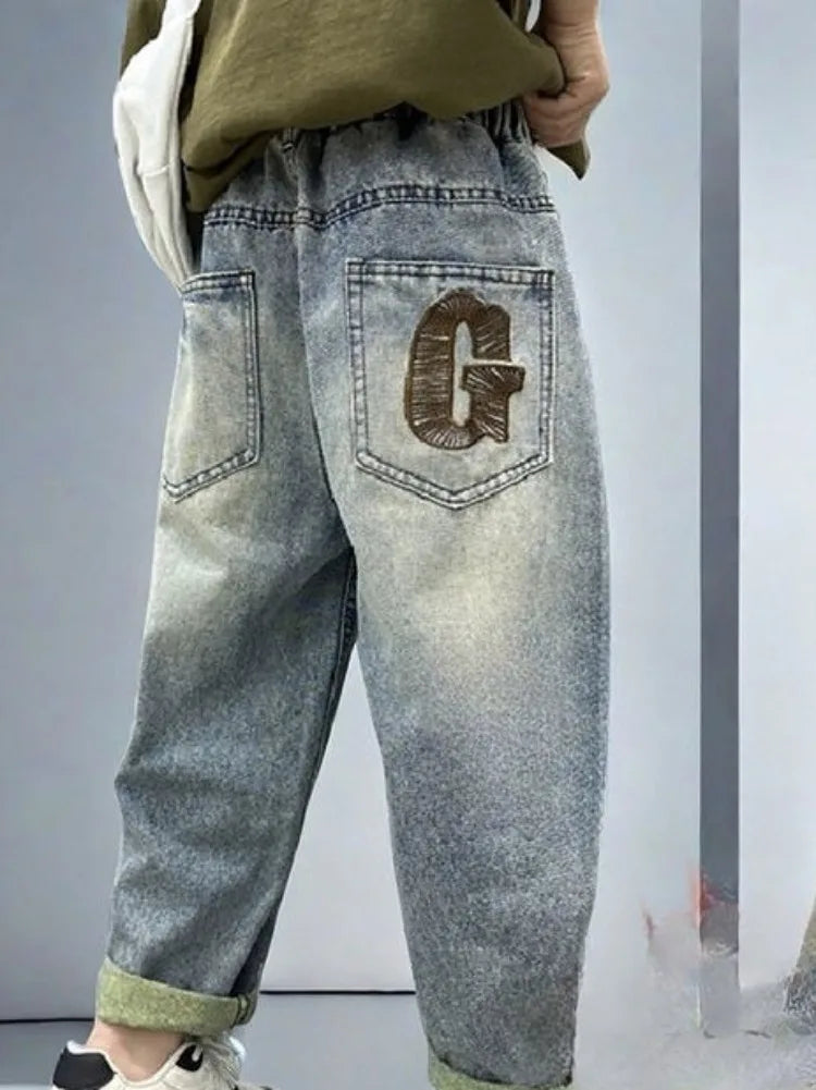 Kids Boys Thickened Winter Jeans Loose Fleece-Lined Long Pants Casual Stylish Warmth