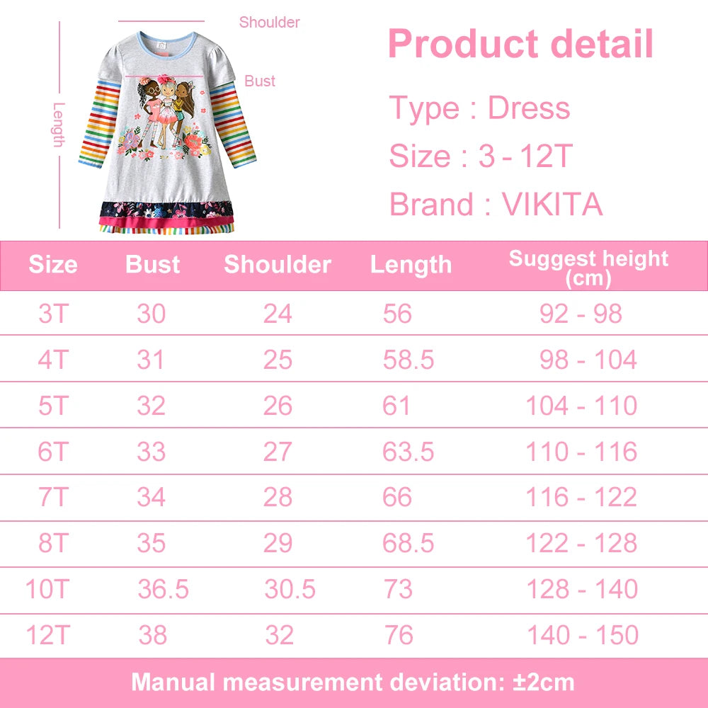 VIKITA Kinder Baumwoll-Freizeitkostüme Kleinkinder Herbst Frühling Minikleid Kinder Blumen Puppenmuster Regenbogen Prinzessin Alltagskleidung