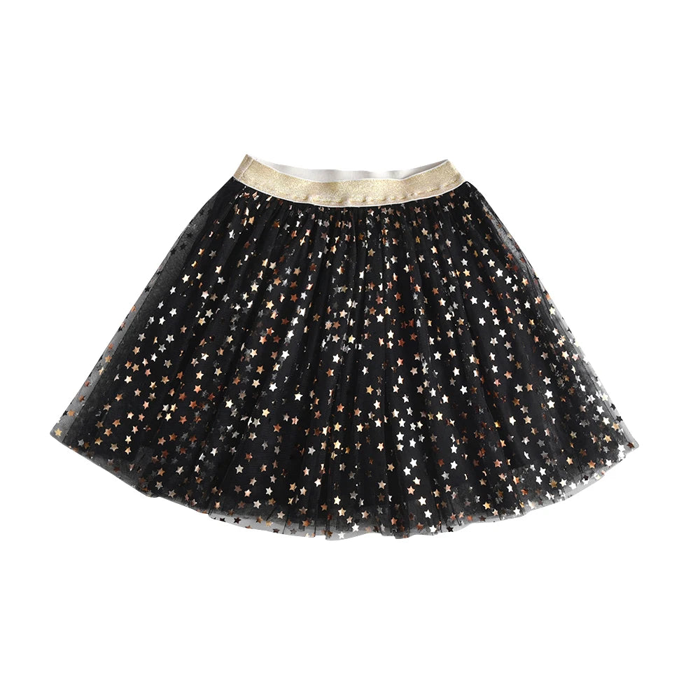 VIKITA Girls Golden Silvery Star Sequins Mesh Tutu Skirts Glittery Black Tulle Princess Party Dance Ballet Elegant Mini Skirt