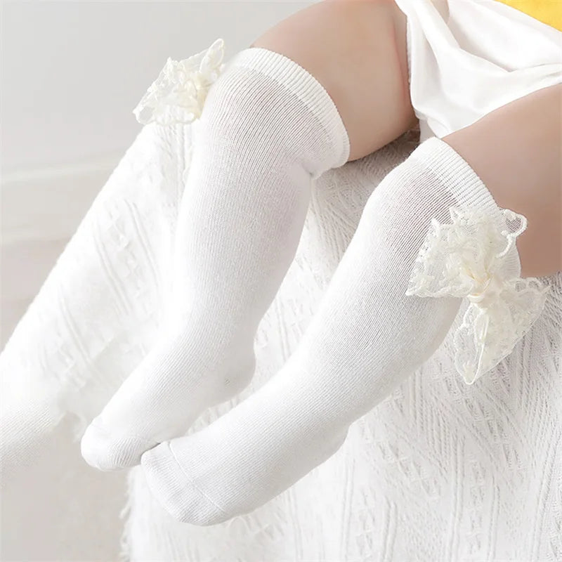 Adorable Baby Girl Knee-High Socks with Lace Bow Detail and Non-Slip Grip - Perfect for Spring and Summer Wear