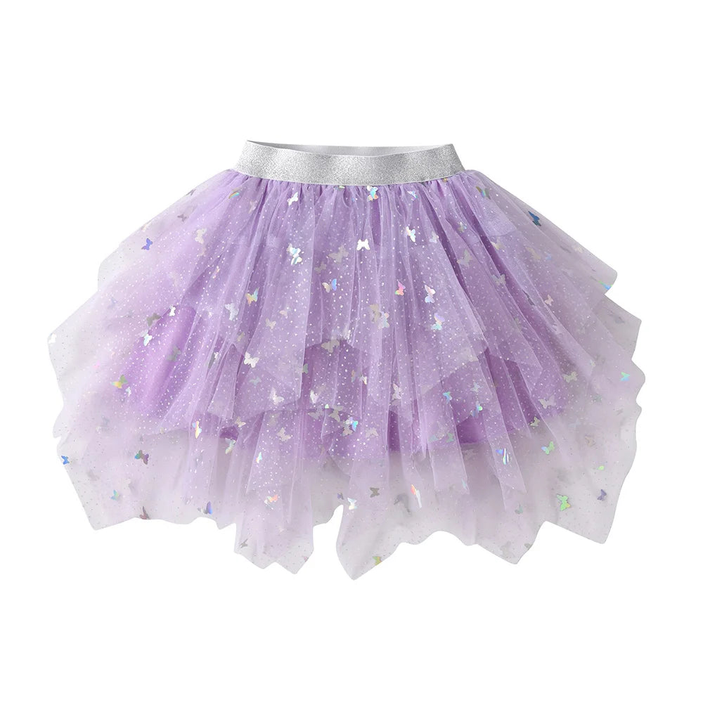 VIKITA Girls Butterfly Sequins Appliqued Skirts Kids Purple Irregular Performance Prom Gown Party Princess Cute Cake Mini Skirts
