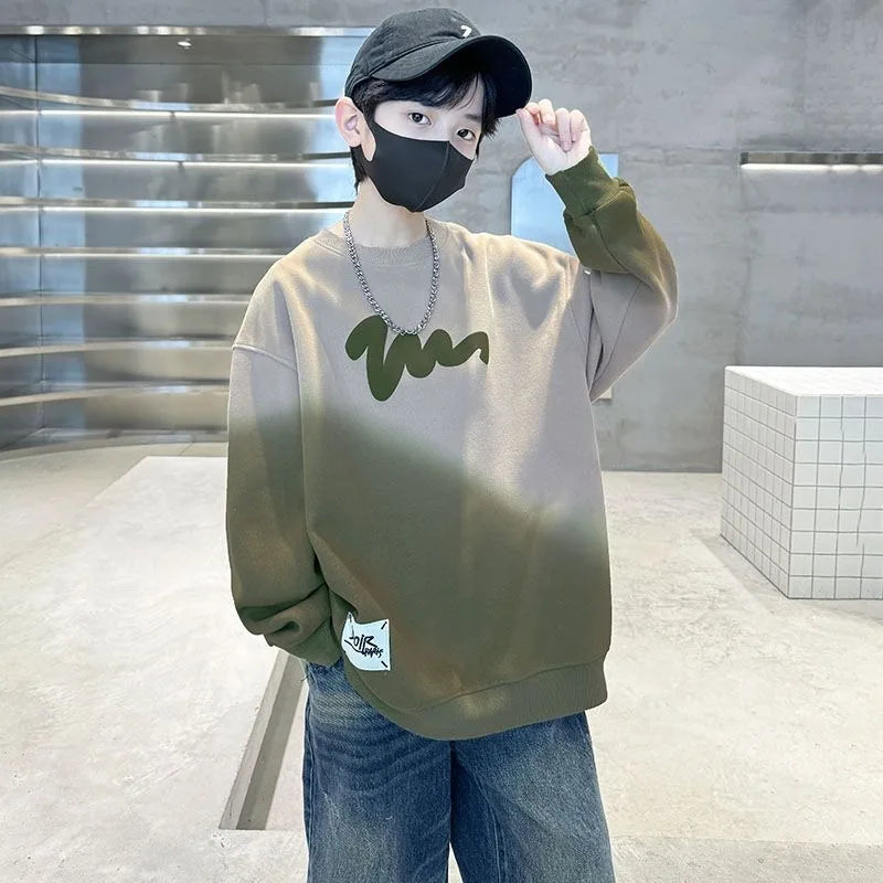 Boys' Medium-Large 2025 Autumn/Winter Trendy Fleece-Lined & Thickened Warm Loose Fit No Hood Sweatshirt