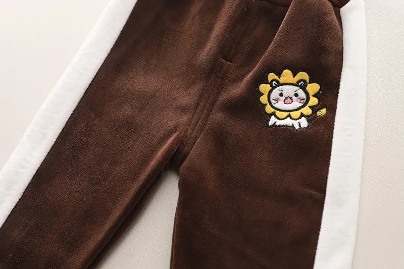 Baby Boys Clothing Set Autumn Winter Cartoon Lion Fleece Thick Hooded Jacket Coat Pants 3Pc Suit for 1-4 Years Kids Warm Outfits